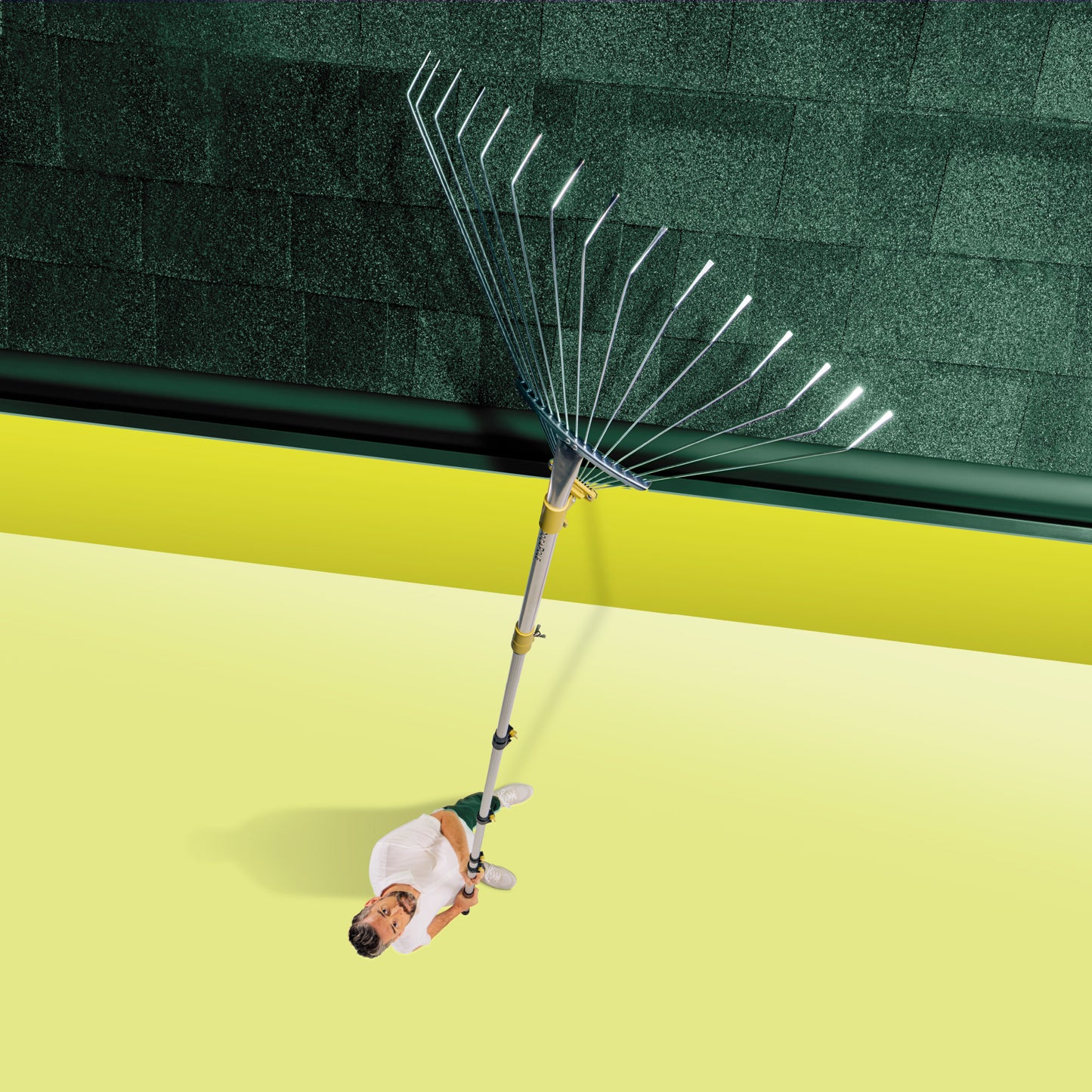 ROOF RAKE WITH 18’ OF REACH – Easily rake leaves, sticks, and debris off lower roof sections